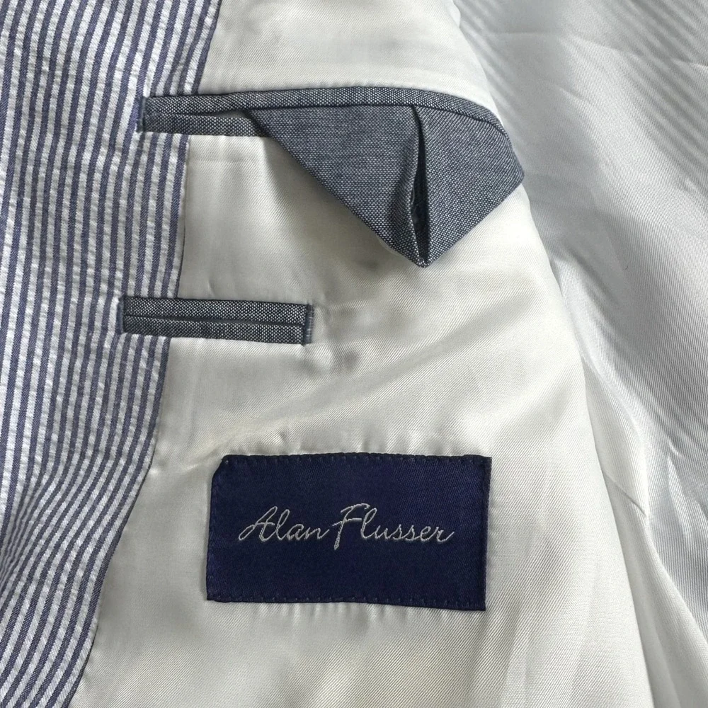 Alan Flusser Preppy Coastal Mens Seersucker Sport Coat 42L Blue Striped Cotton